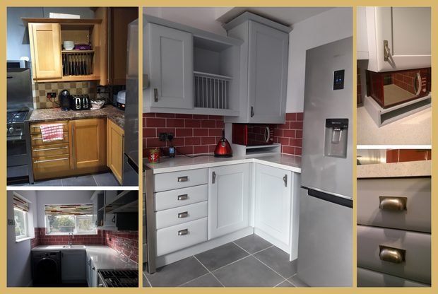 Before and after: orange-toned oak units hand-painted in white