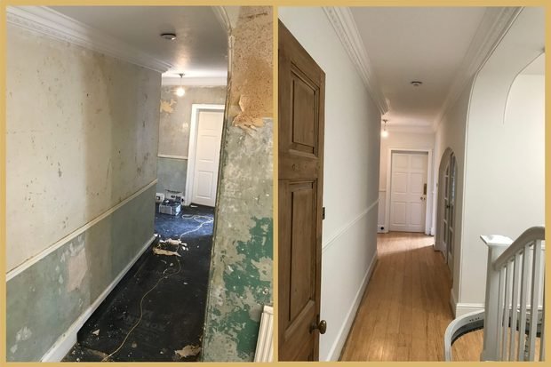 Before and after: a hallway stripped back, made good and repainted