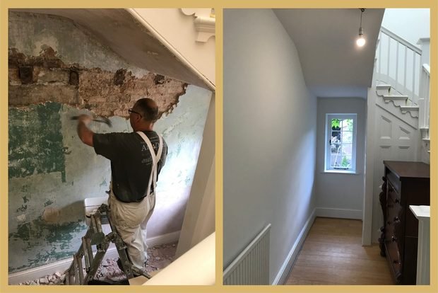 Before and after: a wall hacked back to brick, re-plastered and decorated