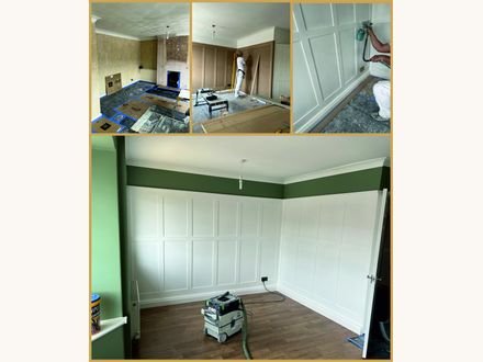 Before and after: panelling built and painted below a green wall