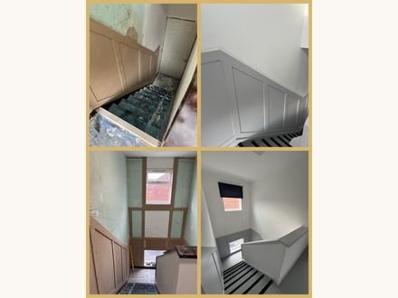 Before and after: panelling carried up a staircase and painted grey