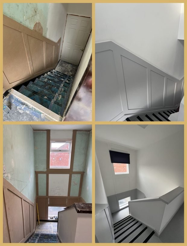 Before and after: panelling carried up a staircase and painted grey