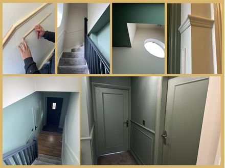 Before and after: hallway panelling and doors finished in soft green