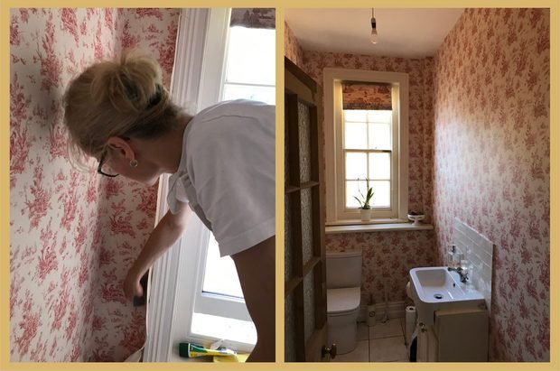 Before and after: a cloakroom papered in a red toile