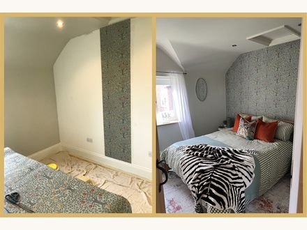 Before and after: a bedroom chimney breast in botanical paper