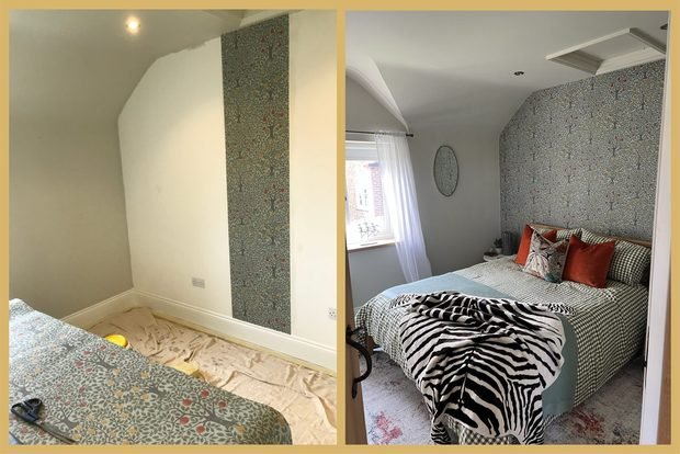 Before and after: a bedroom chimney breast in botanical paper