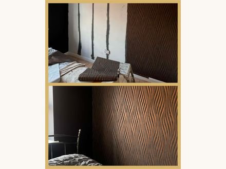 Before and after: a bedroom feature wall hung in a bronze wave-pattern paper