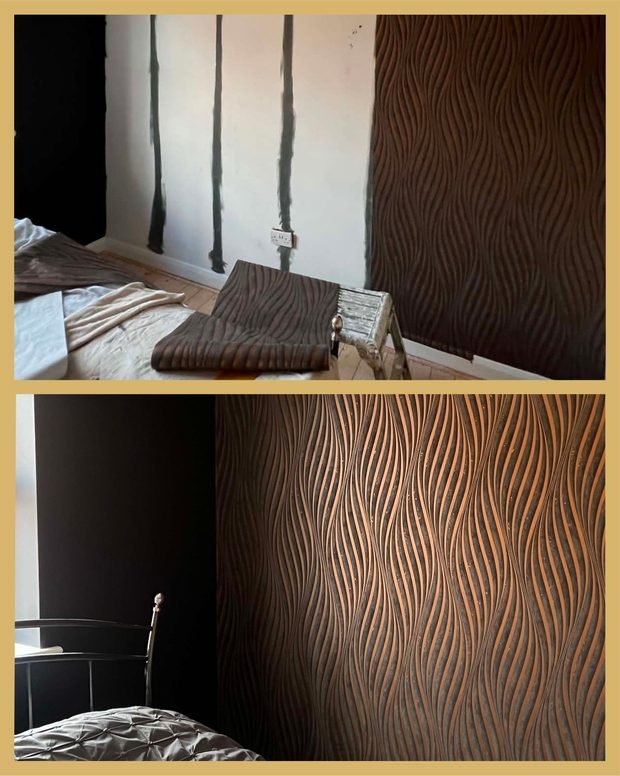 Before and after: a bedroom feature wall hung in a bronze wave-pattern paper